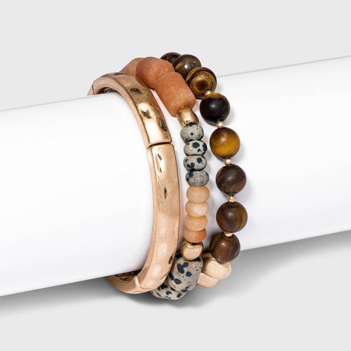 Semi-precious Tiger Eye And Dalmation Jasper Stretch Bracelet Set 3pc -universal Thread Brown