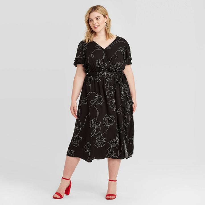 Women's Plus Size Floral Print Flutter Short Sleeve V-neck Midi Wrap Dress - Ava & Viv Black X, Women's