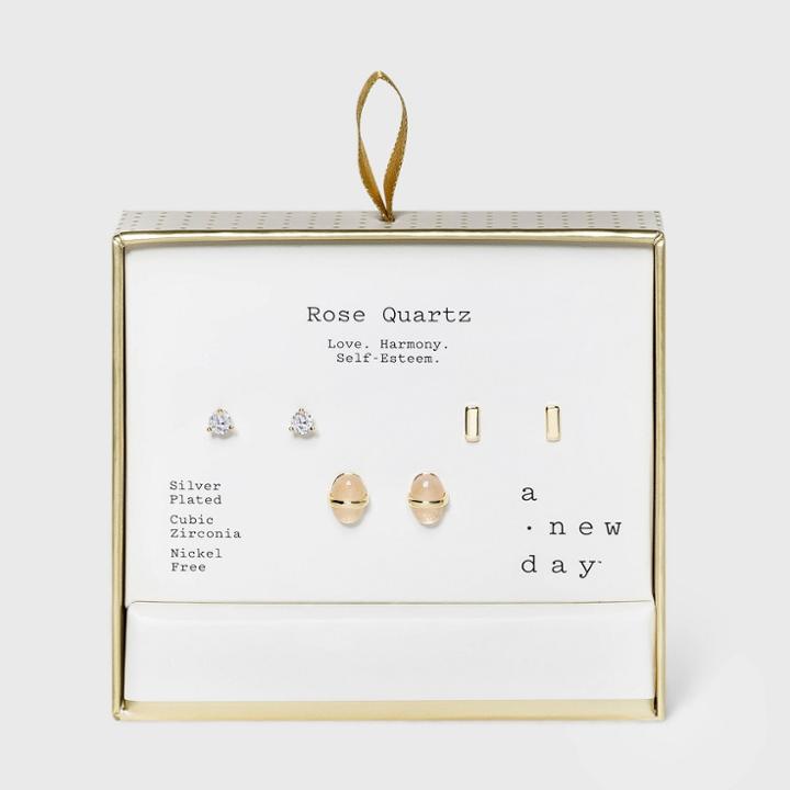 Silver Plated Oval Rose Quartz And Cubic Zirconia Bar Earring Trio Set - A New Day Pink