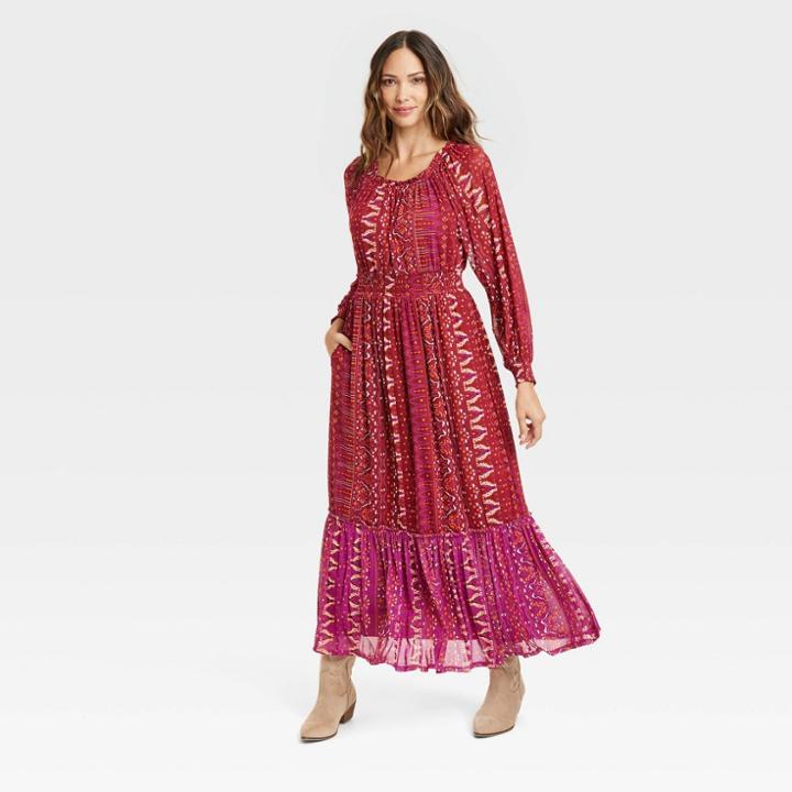 Women's Long Sleeve Smocked Mesh Dress - Knox Rose Red