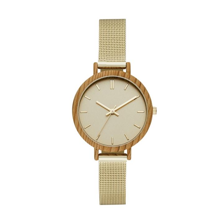 Women's Mesh Strap With Wood Finish Case Watch - A New Day Gold