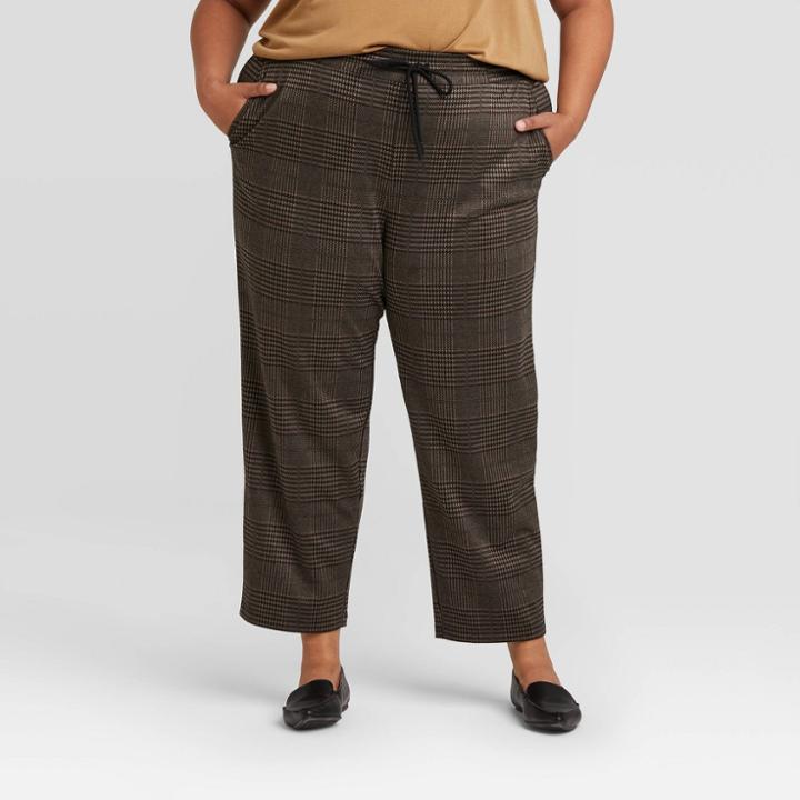 Women's Plus Size Plaid Ankle Length Pants - A New Day Brown 1x,