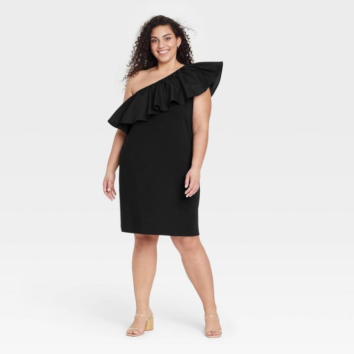 Women's Plus Size One Shoulder Ruffle Sleeveless Dress - A New Day Black