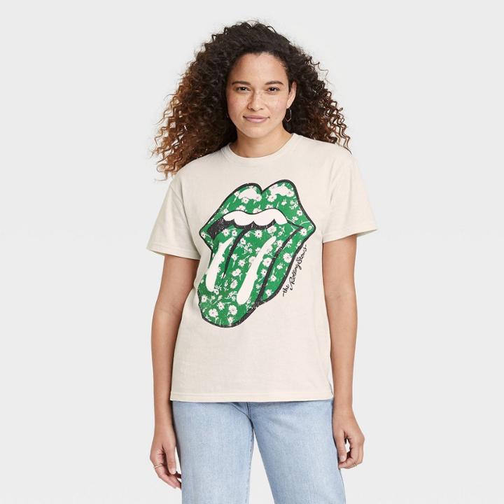 Women's St. Patrick's Day The Rolling Stones Shamrock Logo Short Sleeve Graphic T-shirt - White