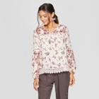 Women's Floral Print Balloon Long Sleeve Lace Trim Blouse - Knox Rose Pink
