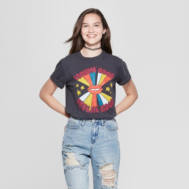 Women's Short Sleeve Lookin' Good Feelin' Good Graphic T-shirt - Mighty Fine (juniors') Black