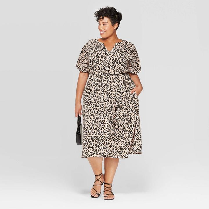 Women's Plus Size Animal Print Short Sleeve Scoop Neck Shirtdress - Ava & Viv Brown X