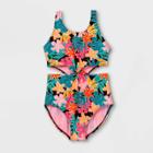 Girls' Tropical Floral Print Tie-front One Piece Swimsuit - Art Class Xs, Green/pink/red