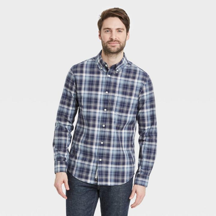 Men's Plaid Standard Fit Stretch Poplin Long Sleeve Button-down Shirt - Goodfellow & Co Academy Blue