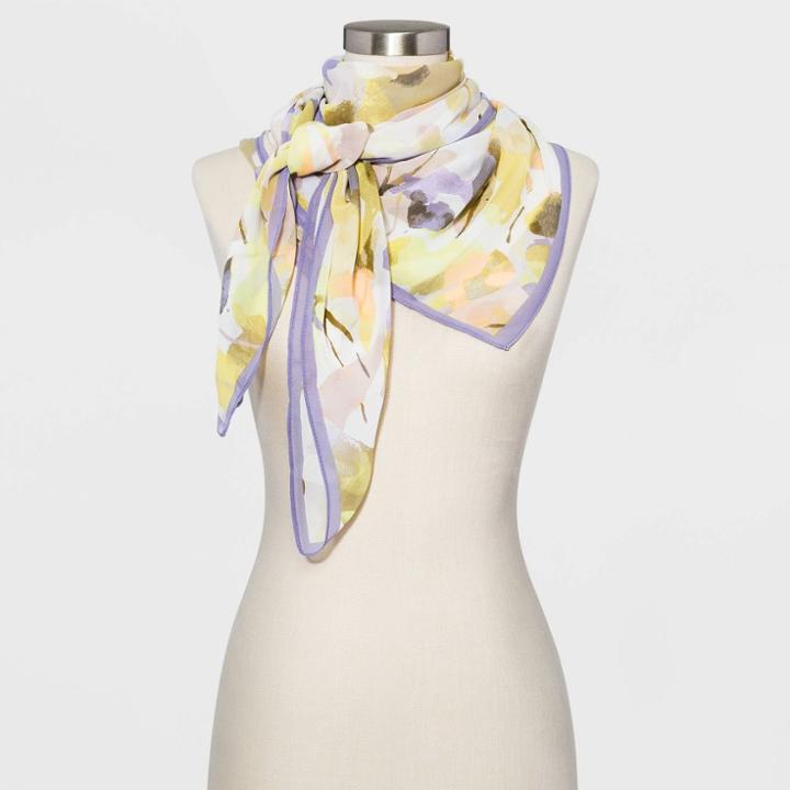 Women's Floral Print Square Crepe Scarf - A New Day Purple