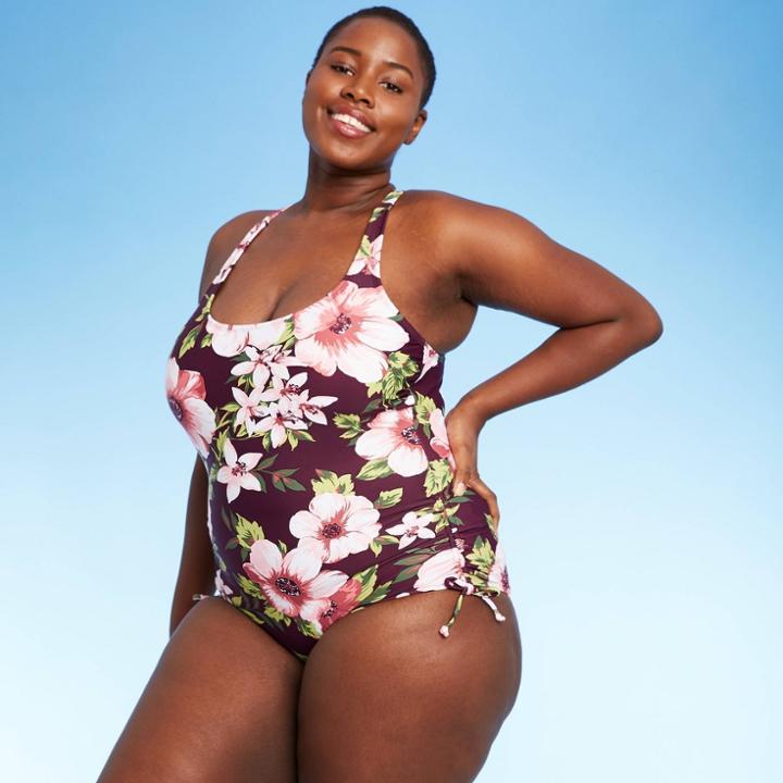 Women's Plus Size Side-cinch One Piece Swimsuit - Kona Sol Burgundy Floral Print