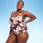 Women's Plus Size Side-cinch One Piece Swimsuit - Kona Sol Burgundy Floral Print