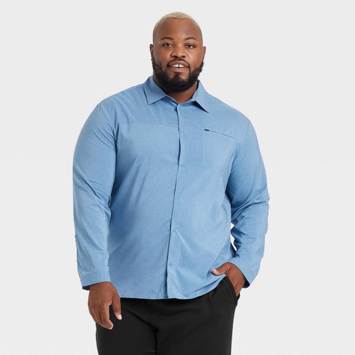 Men's Big & Tall Long Sleeve Button-up T-shirt - All In Motion Blue