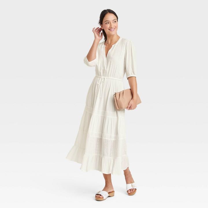 Women's Balloon 3/4 Sleeve Eyelet Dress - Knox Rose White