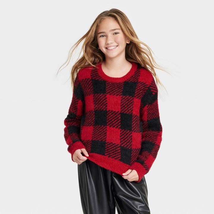 Girls' Fuzzy Printed Sweater - Art Class Black/red