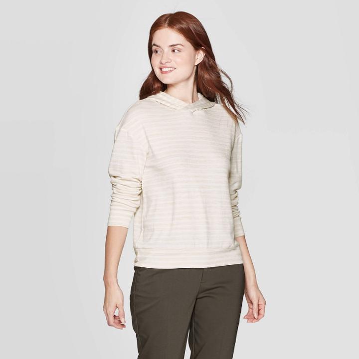 Women's Striped Casual Fit Long Sleeve Hooded T-shirt - A New Day Cream (ivory)