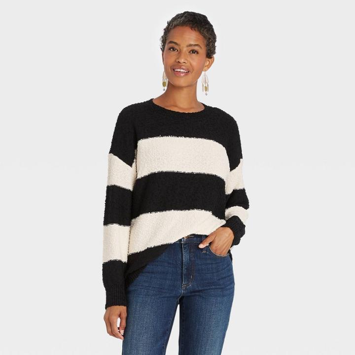 Women's Striped Crewneck Pullover Sweater - Knox Rose Black