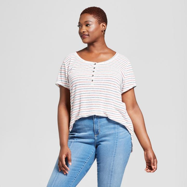 Women's Plus Size Striped Henley Short Sleeve Shirt - Universal Thread Navy (blue) X