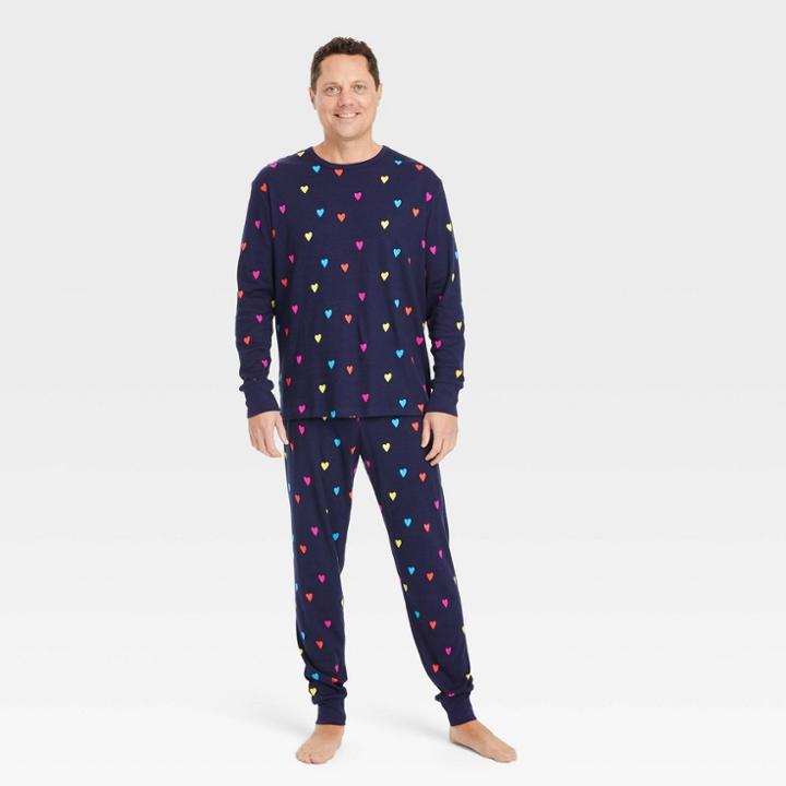 No Brand Men's Valentine's Day Heart Print Matching Family Pajama Set - Navy