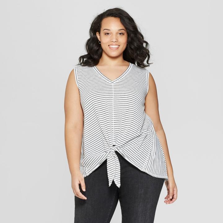 Women's Plus Size Striped Sleeveless V-neck Tie Front Tank - Universal Thread Black/white