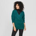 Women's V-neck Eyelash Pullover Sweater - A New Day Dark Green