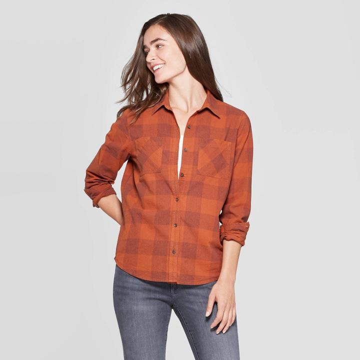 Women's Plaid Long Sleeve Cotton Flannel Shirt - Universal Thread Rust S, Size: