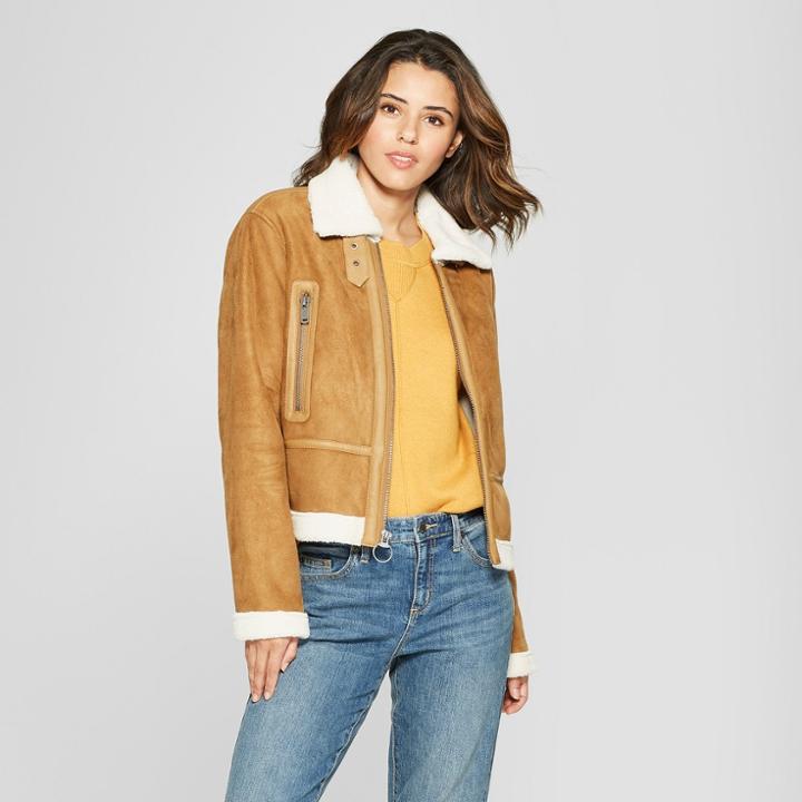 Women's Faux Shearling Moto Jacket - Universal Thread Tan