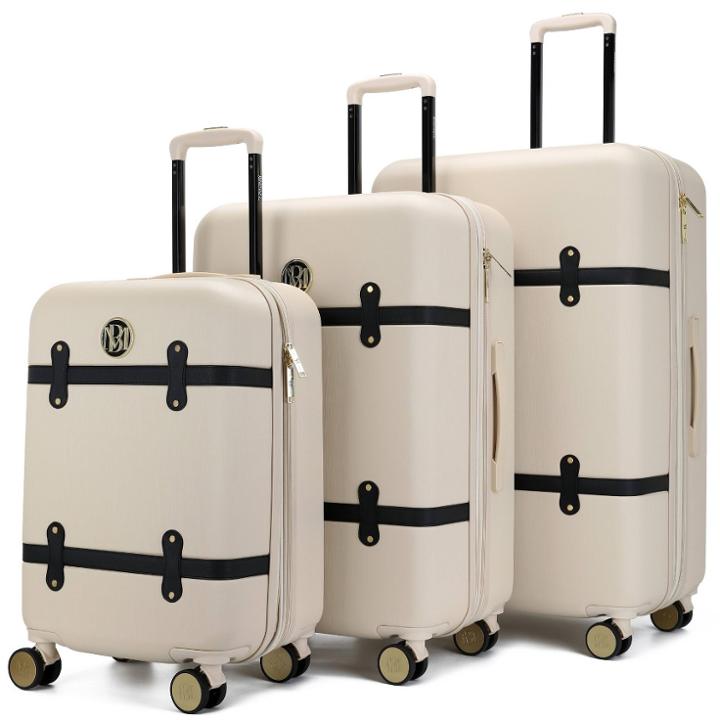 Badgley Mischka Grace Expandable Hardside Checked 3pc Luggage Set - Champagne, Beige