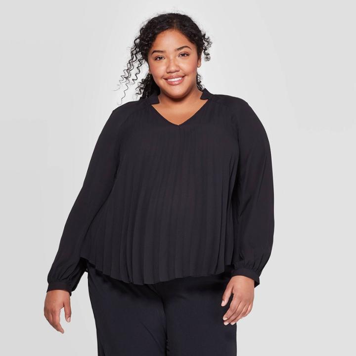 Women's Plus Size Long Sleeve V-neck Pleated Raglan Top - Ava & Viv Black X