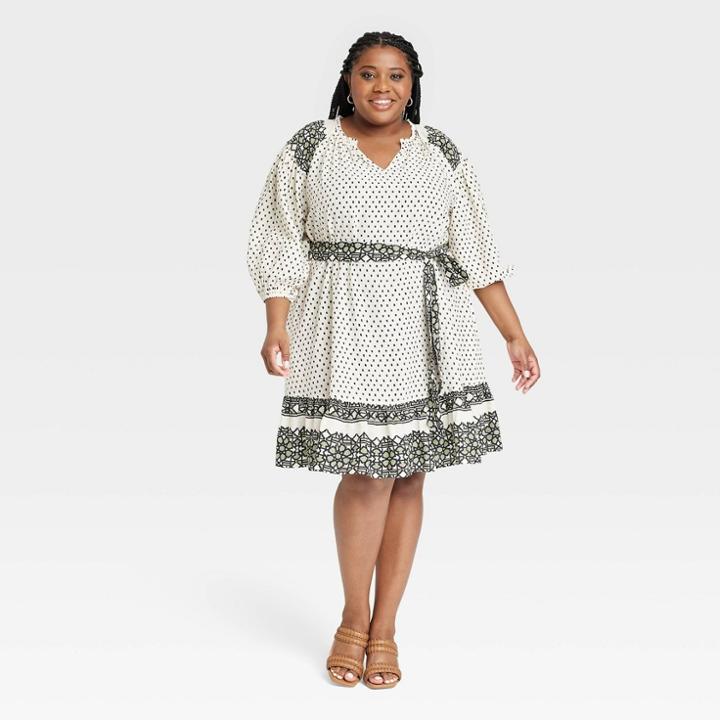 Women's Plus Size 3/4 Sleeve A-line Dress - Knox Rose Cream Polka Dots 1x, Ivory Polka Dots