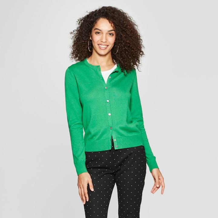Women's Long Sleeve Crewneck Cardigan - A New Day Green