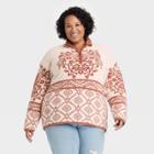 Women's Plus Size Mock Turtleneck Quarter Zip Damask Pullover Sweater - Knox Rose Pink