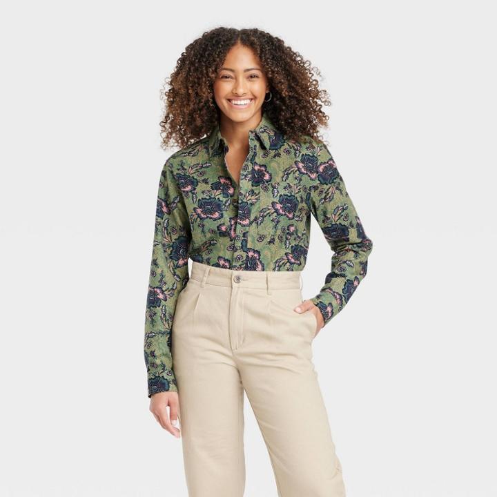 Houston White Adult Long Sleeve Button-down Twill Aop Woven Shirt - Dark Green Floral Xxs/xs