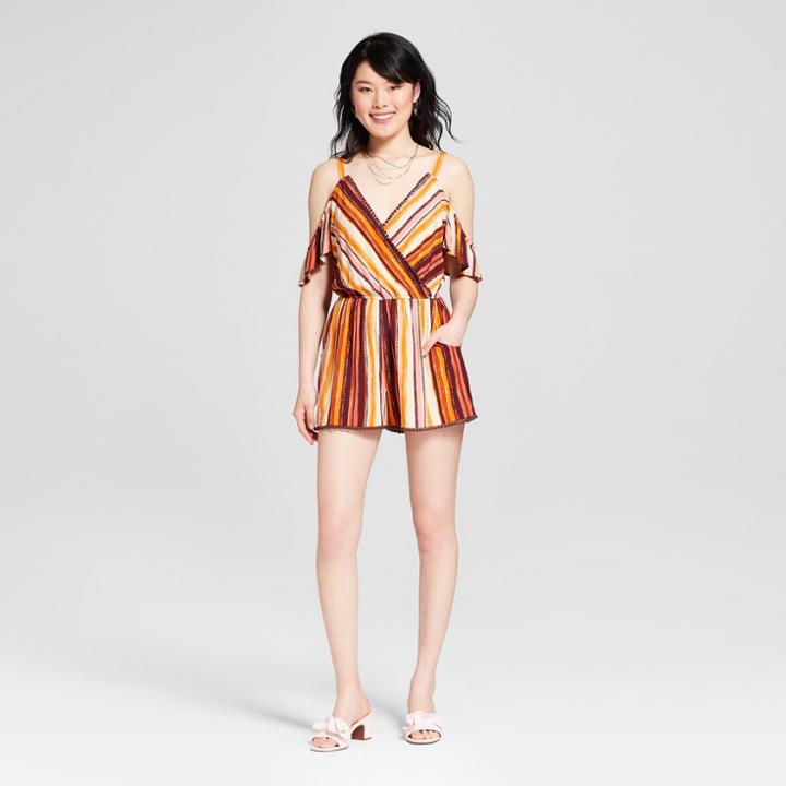 Women's Short Sleeve Cold Shoulder Striped Romper - Xhilaration Ivory/burgundy