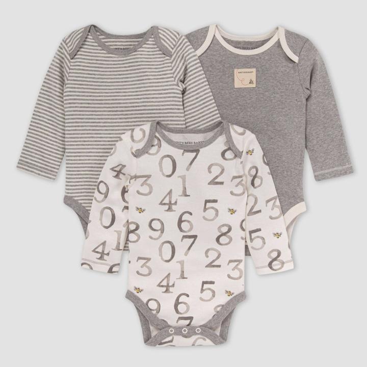 Burt's Bees Baby Baby 3pk 'one Two Bee' Bodysuit - Gray
