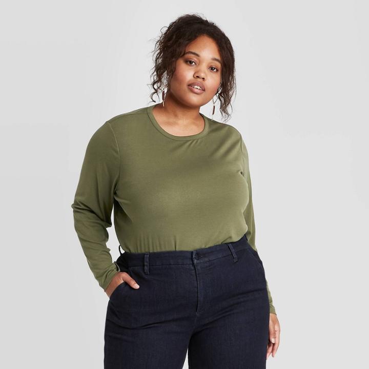 Women's Plus Size Long Sleeve Rib T-shirt - A New Day Dark Green