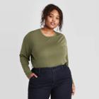 Women's Plus Size Long Sleeve Rib T-shirt - A New Day Dark Green