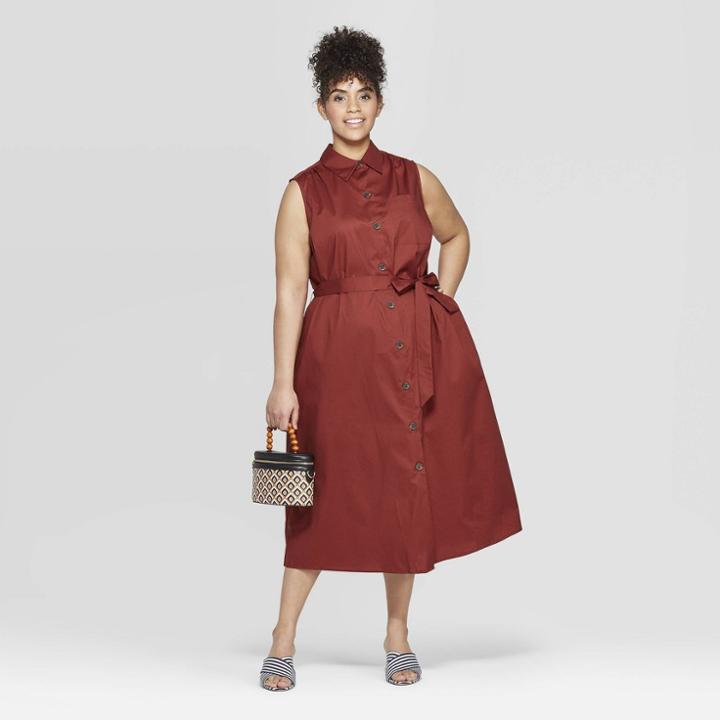 Women's Plus Size Sleeveless Collared Midi Shirtdress - Ava & Viv Dark Brown