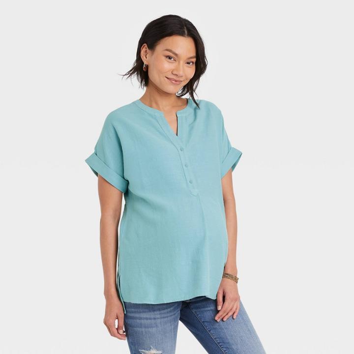 Short Sleeve Button-front Maternity Shirt - Isabel Maternity By Ingrid & Isabel Aqua Blue