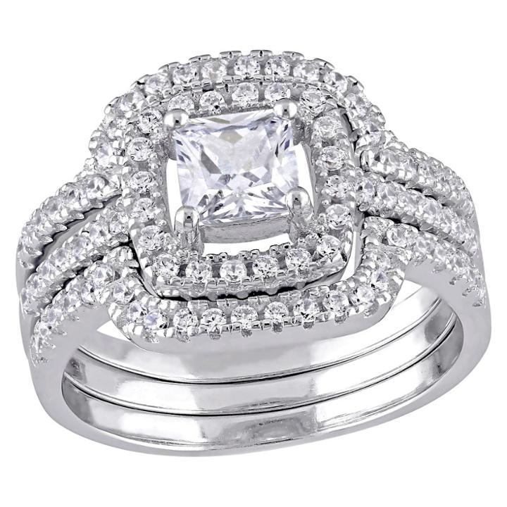 Allura 2 1/2 Ct. T.w. Square Cubic Zirconia Halo Bridal Set In Sterling Silver -