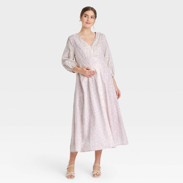 The Nines By Hatch Floral Print 3/4 Sleeve Button-front Poplin Maternity Dress Purple
