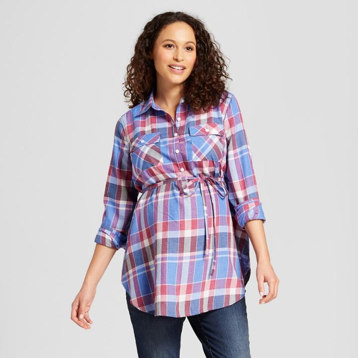 Maternity Plaid Long Sleeve Popover Tunic - Isabel Maternity By Ingrid & Isabel Blue