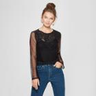 Women's Long Sleeve Mesh Top With Lace - Xhilaration Black