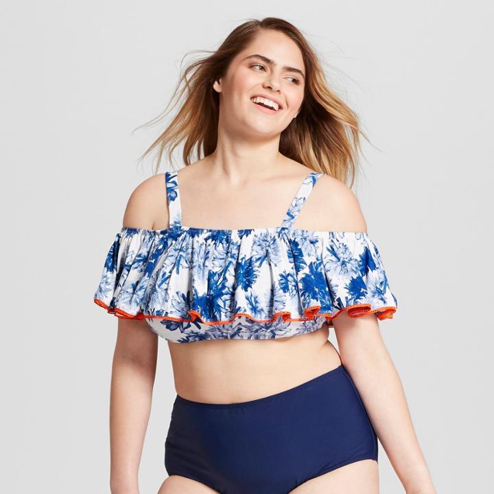 Plus Size Social Angel Women's Plus Floral Off The Shoulder Bikini Top - Navy/white X, Blue
