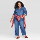 Women's Plus Size Long Sleeve Collared Boiler Jumpsuit - Universal Thread Medium Wash 14w,