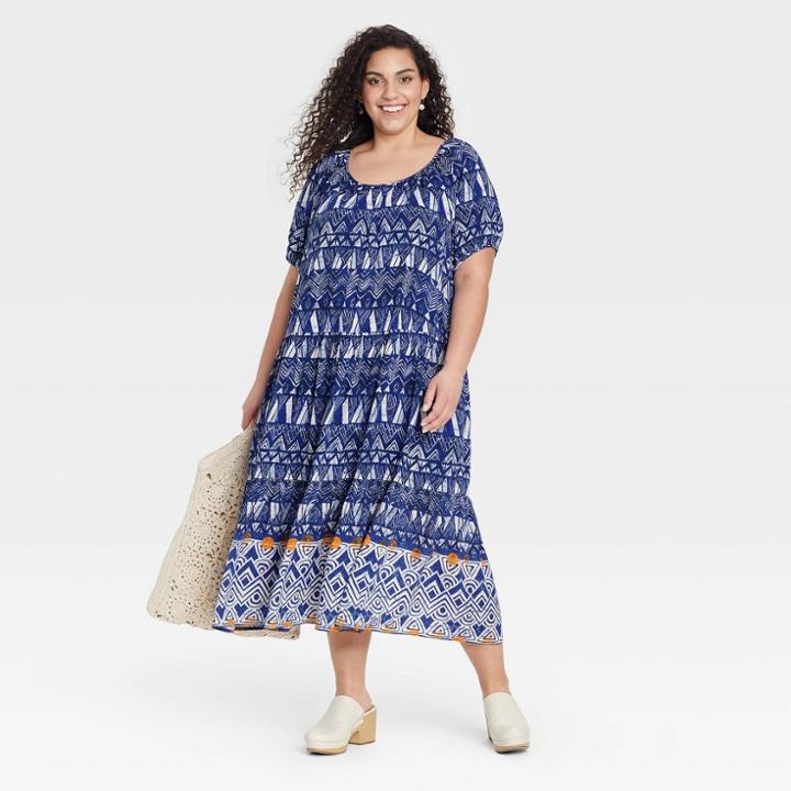 Women's Plus Size Puff Short Sleeve Tiered A-line Dress - Knox Rose Blue Paisley