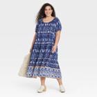 Women's Plus Size Puff Short Sleeve Tiered A-line Dress - Knox Rose Blue Paisley
