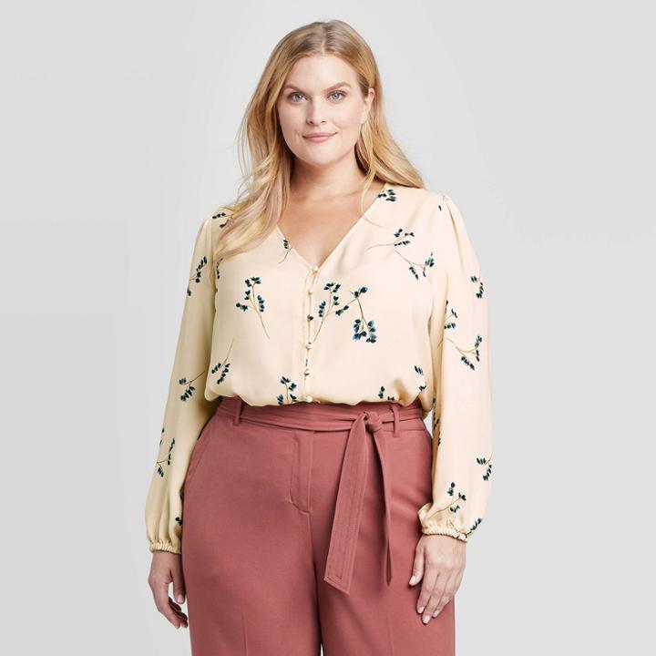 Women's Plus Size Floral Print Long Sleeve V-neck Covered Button Blouse - Ava & Viv Cream X, Women's, Beige