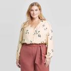 Women's Plus Size Floral Print Long Sleeve V-neck Covered Button Blouse - Ava & Viv Cream X, Women's, Beige