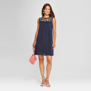 Women's Sleeveless Embroidered Yoke Shift Dress - Lux Ii - Navy